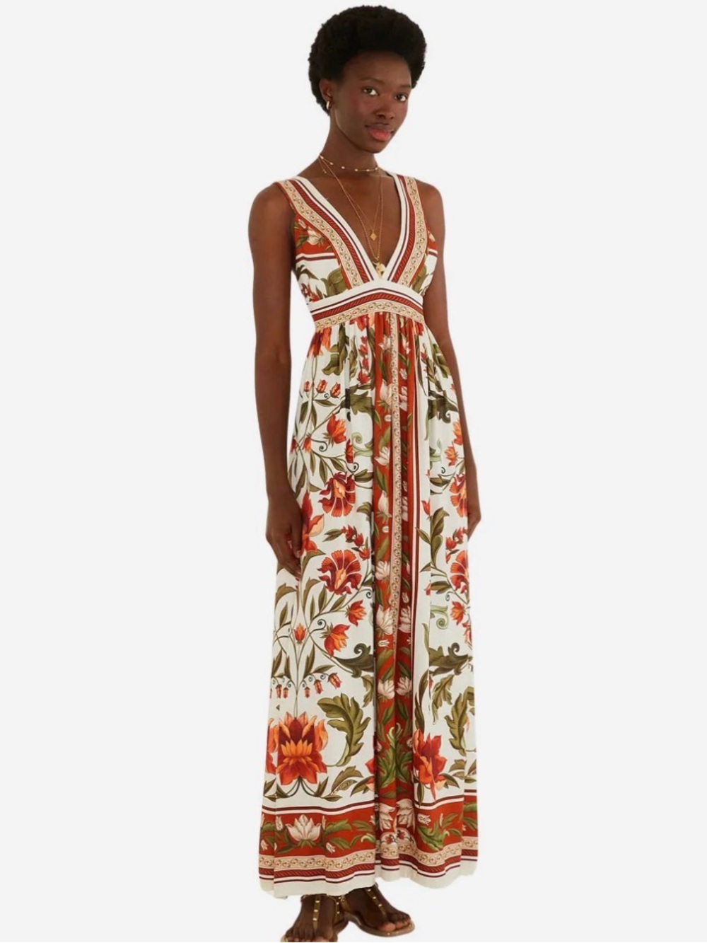 Farm Rio Floral V-Neck Maxi Dress in Cream and Rust
